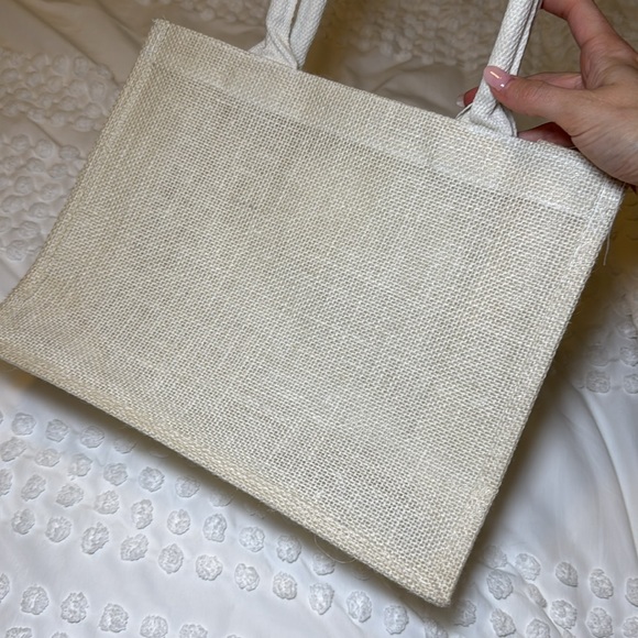 Linen Wicker Tote Bag Tan Cream Handles - Picture 7 of 9